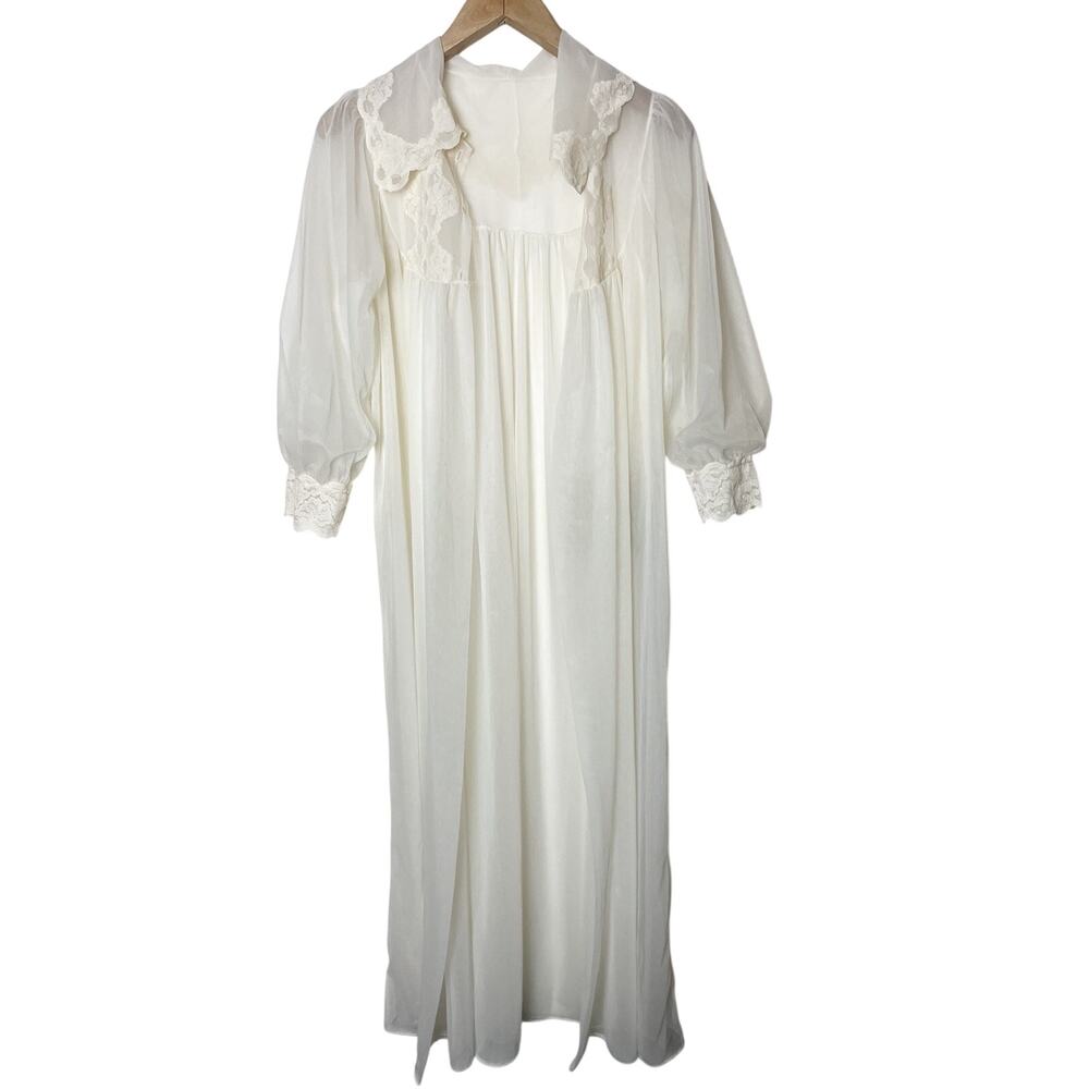 Vintage Montgomery Ward Ivory Gown Robe Peignoir Sheer Lace Sz Medium Coquette